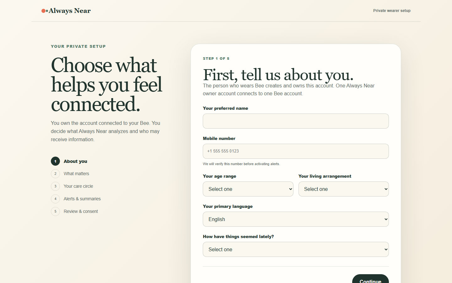 The real Always Near wearer onboarding flow